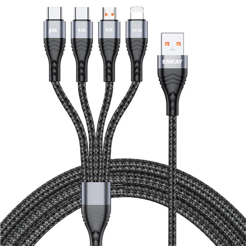 ENKAY HAT PRINCE 2m 6A 4-in-1 USB to 8Pin / Type-C / Micro USB Fast Charging Data Cable Nylon Braided Cord - Grey - 1