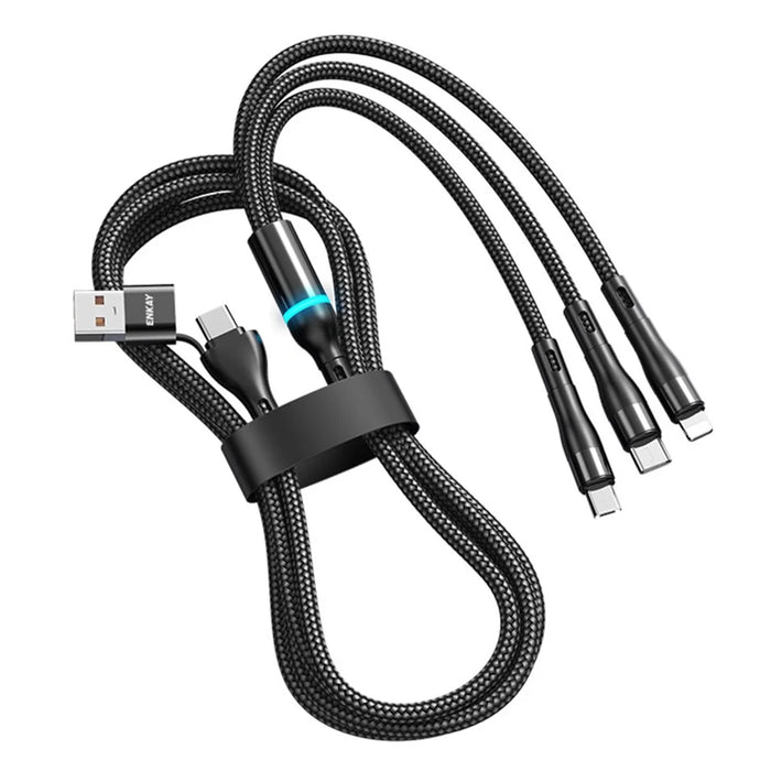 ENKAY 1.3m USB / Type-C to iP / Type-C / Micro USB 5A Fast Charge Data Cable with LED Indicator, Nylon Braided - Black - 1
