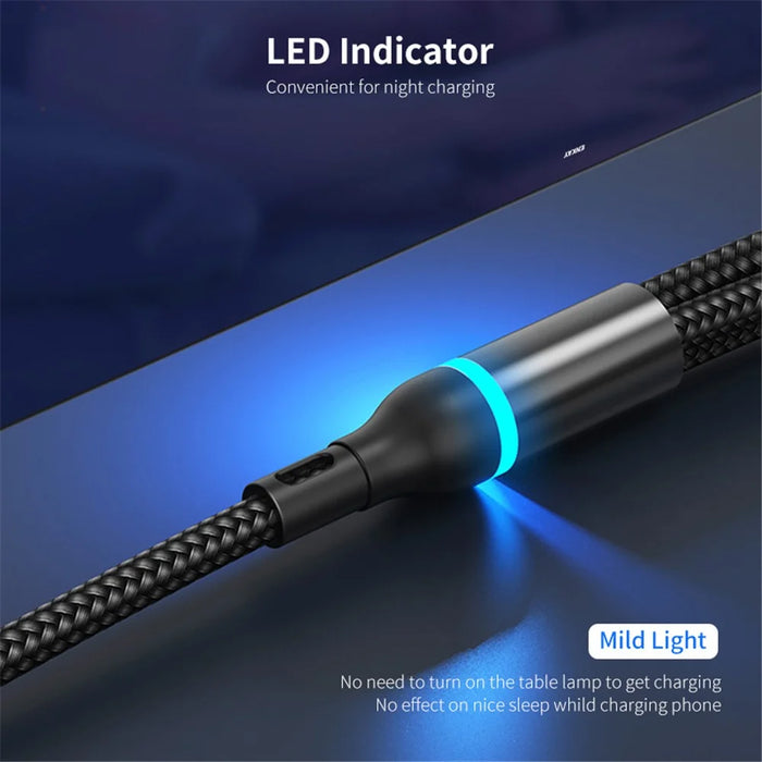 ENKAY 1.3m USB / Type-C to iP / Type-C / Micro USB 5A Fast Charge Data Cable with LED Indicator, Nylon Braided - Black - 4