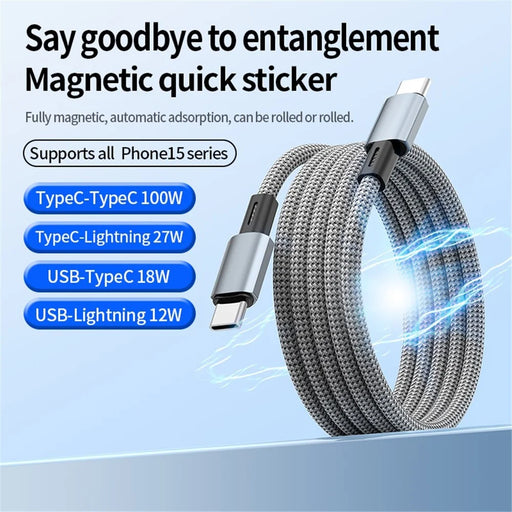 0.3m Type-C to Type-C Fast Charging Cable PD 100W Magnetic Storage Charging Cord - 2