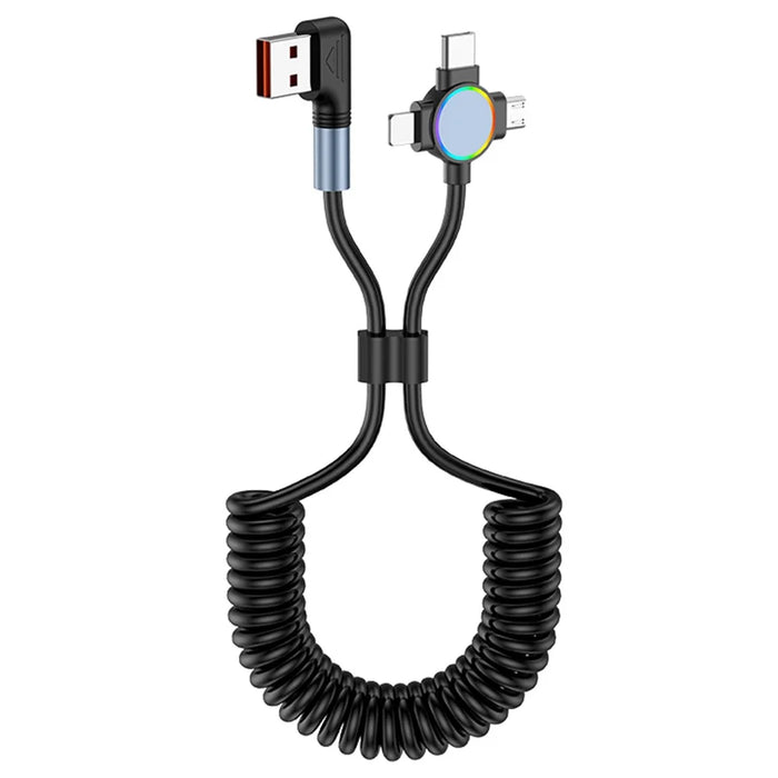 USB to Micro+Type-C+iP 3-in-1 Fast Charging Spring Cable Support Carplay - L-shaped Elbow - 1