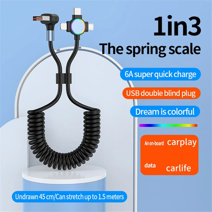 USB to Micro+Type-C+iP 3-in-1 Fast Charging Spring Cable Support Carplay - L-shaped Elbow - 2
