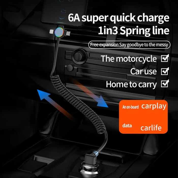 USB to Micro+Type-C+iP 3-in-1 Fast Charging Spring Cable Support Carplay - L-shaped Elbow - 4