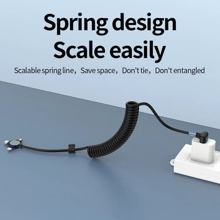 USB to Micro+Type-C+iP 3-in-1 Fast Charging Spring Cable Support Carplay - L-shaped Elbow - 6