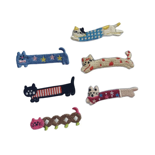 6 Pcs Cute Cartoon Long Cat Embroidered Patches Creative Self-Adhesive Appliques DIY Craft Decorations - 1