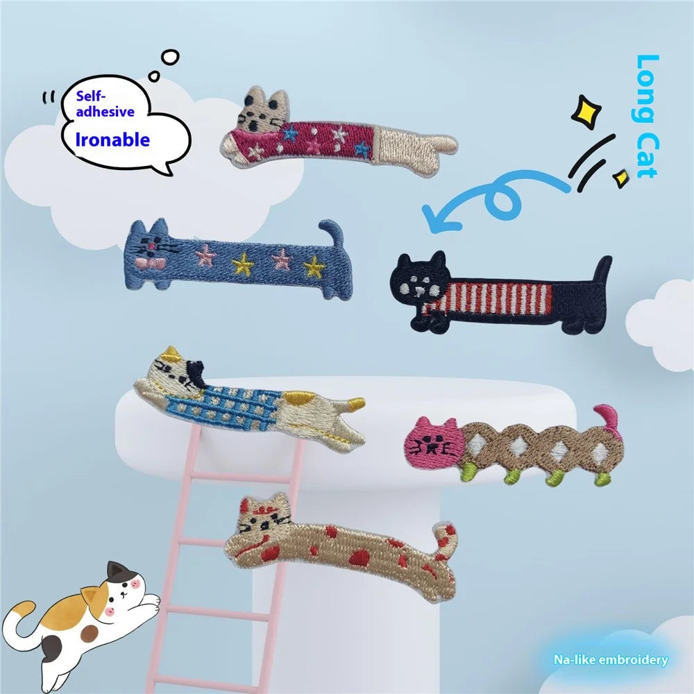 6 Pcs Cute Cartoon Long Cat Embroidered Patches Creative Self-Adhesive Appliques DIY Craft Decorations - 2