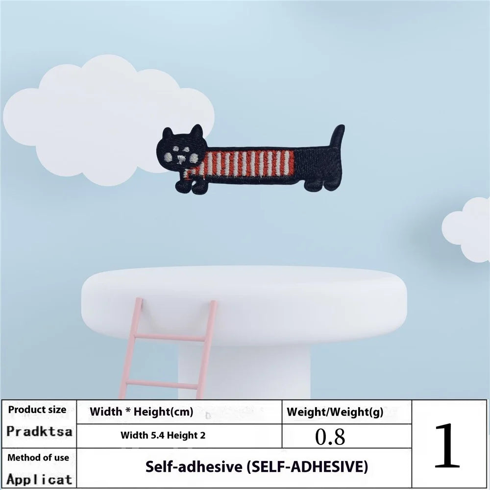 6 Pcs Cute Cartoon Long Cat Embroidered Patches Creative Self-Adhesive Appliques DIY Craft Decorations - 6