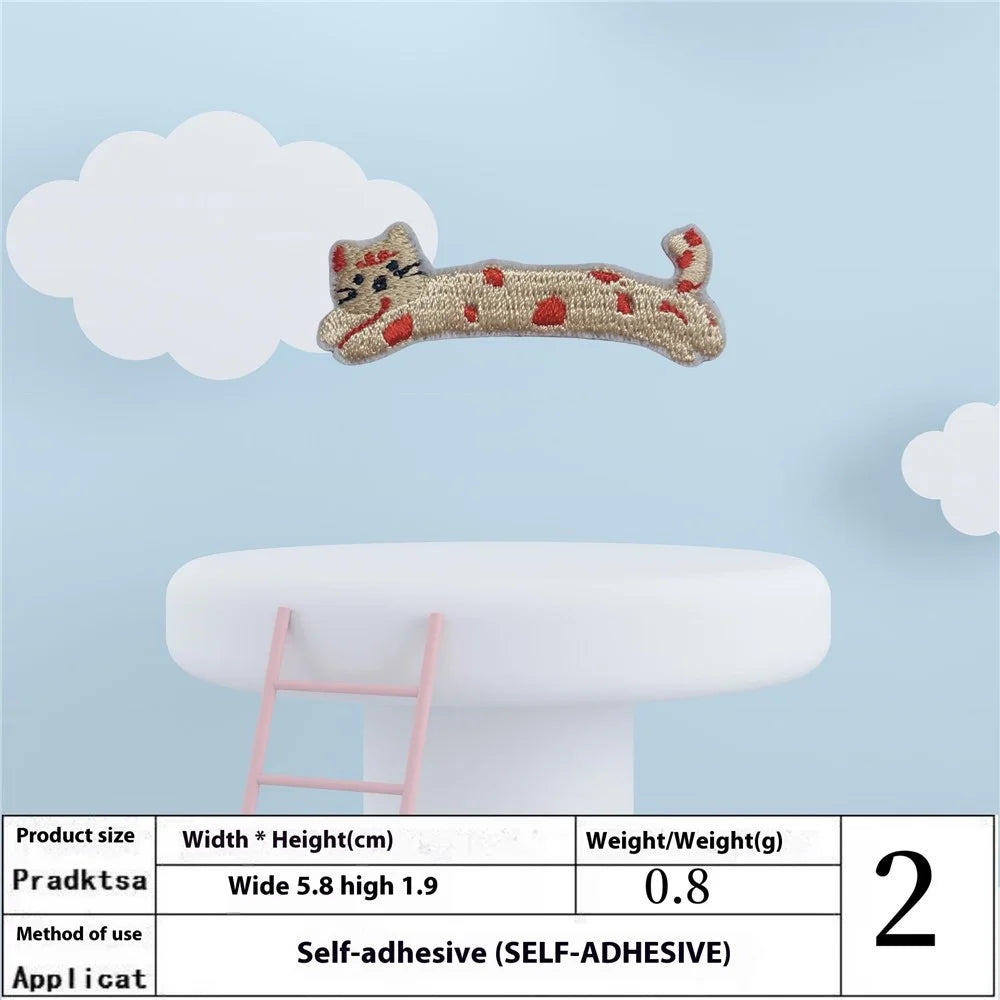 6 Pcs Cute Cartoon Long Cat Embroidered Patches Creative Self-Adhesive Appliques DIY Craft Decorations - 7