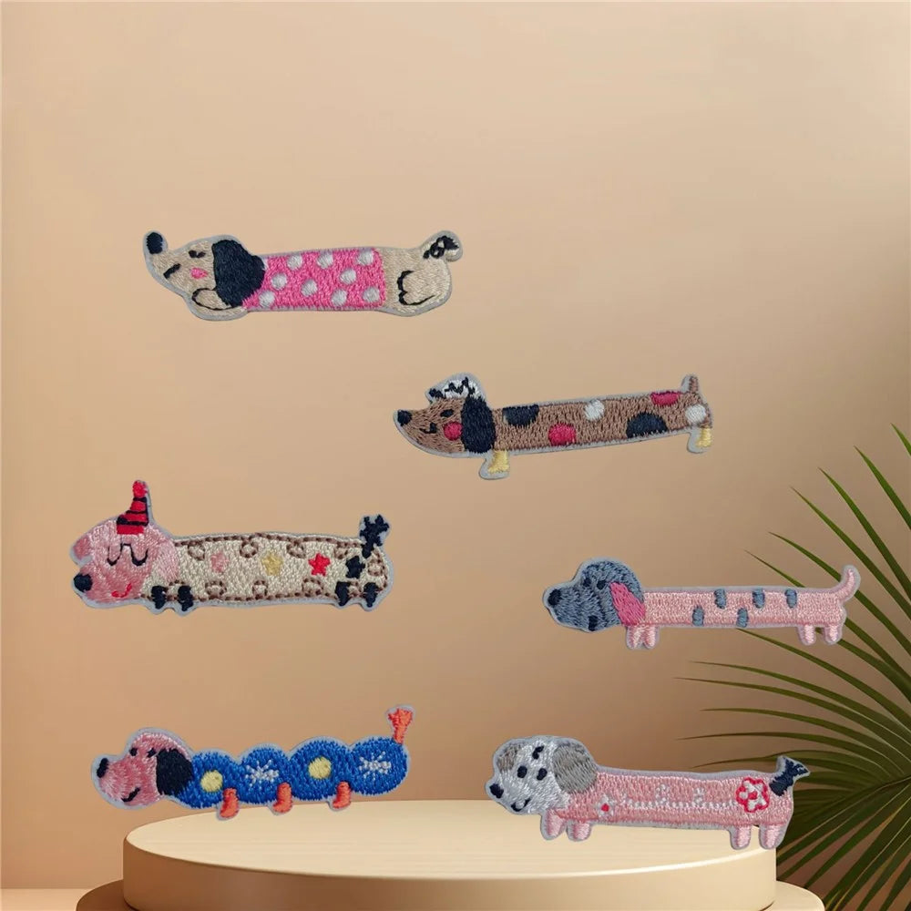 6 Pcs Cute Cartoon Dachshund Embroidered Patches Creative Self-Adhesive Appliques DIY Craft Decorations - 4