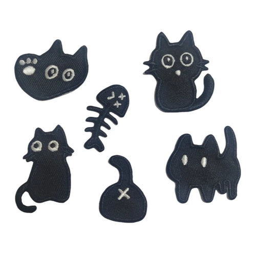 6 Pcs Cartoon Black Cat Embroidered Patches Creative Self-Adhesive Appliques DIY Craft Decorations - 1