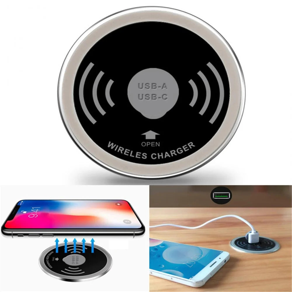 Embedded Desktop Wireless Charger 15W with USB-A and USB-C Charging Port - 1