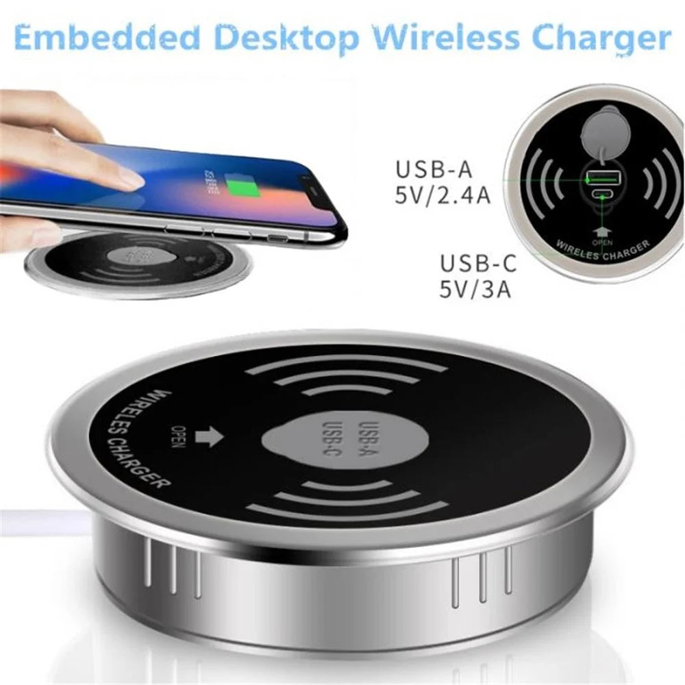 Embedded Desktop Wireless Charger 15W with USB-A and USB-C Charging Port - 6