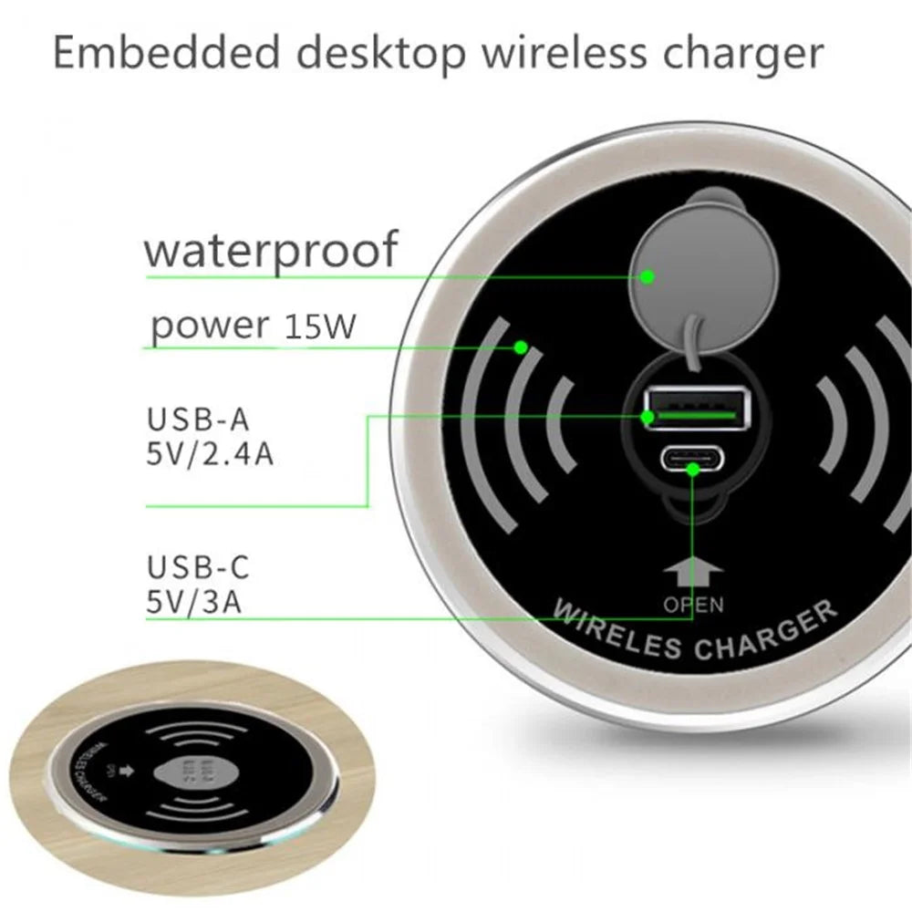 Embedded Desktop Wireless Charger 15W with USB-A and USB-C Charging Port - 7
