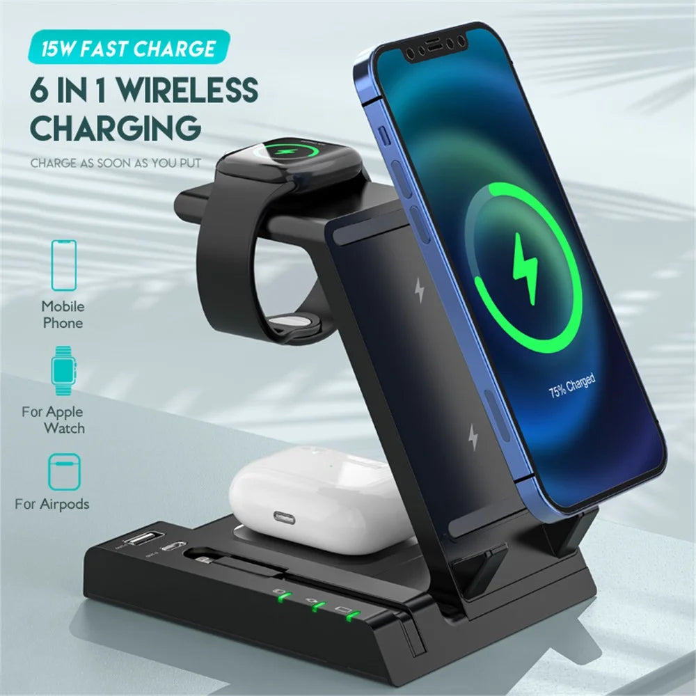 D2 6 in 1 Wireless Charger Dock Station with Type-C Port [Support Wireless and Wired Output] - Black - 2