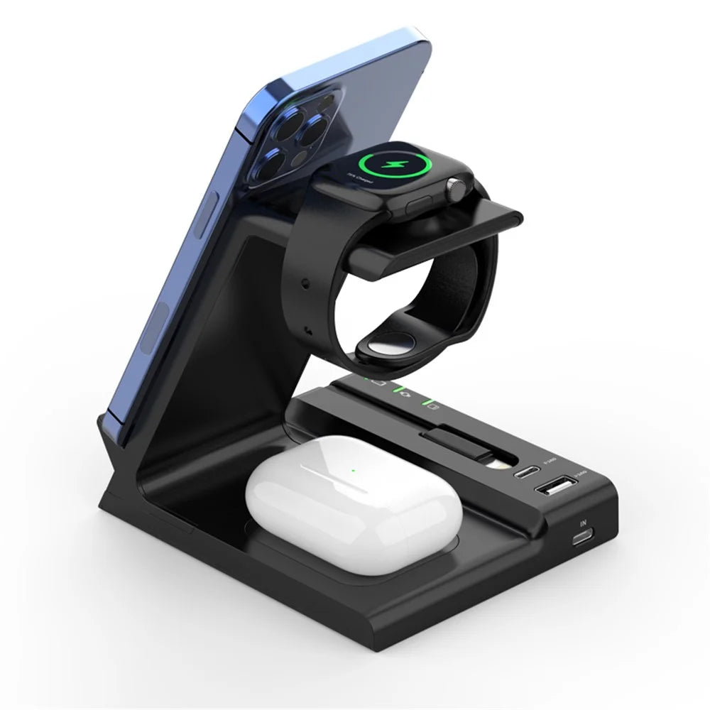 D2 6 in 1 Wireless Charger Dock Station with Type-C Port [Support Wireless and Wired Output] - Black - 6