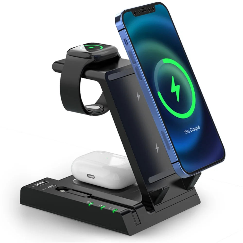 D2 6 in 1 Wireless Charger Dock Station with Type-C Port [Support Wireless and Wired Output] - Black - 7