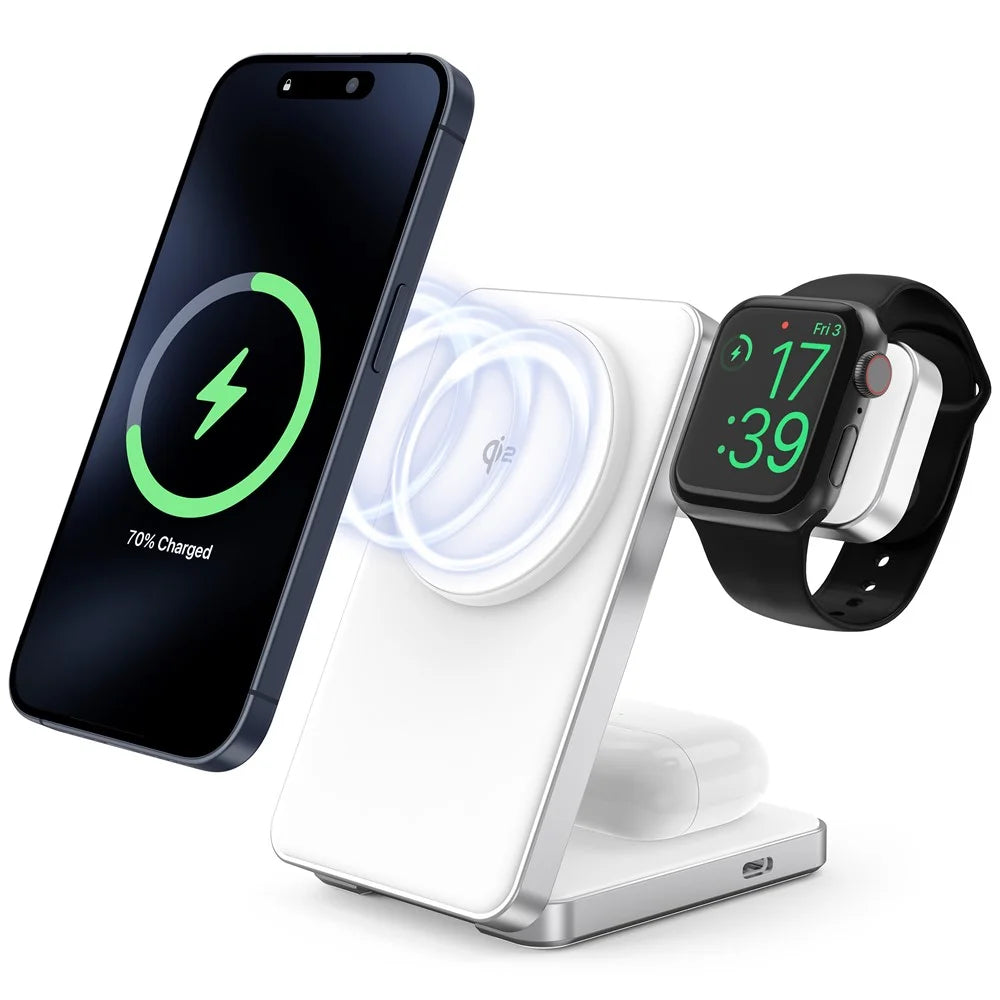 YF-M8 Qi2 Certified Aluminum Alloy Frame 3-in-1 Folding 15W Magnetic Wireless Charger - White - 1