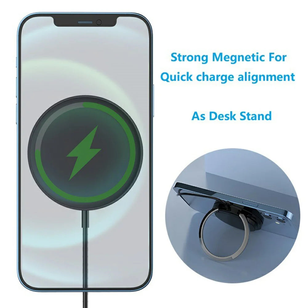Magnetic Wireless Charger for iPhone 12 Series 15W Fast Charging Pad Desk Phone Mount Ring Holder Stand - 4