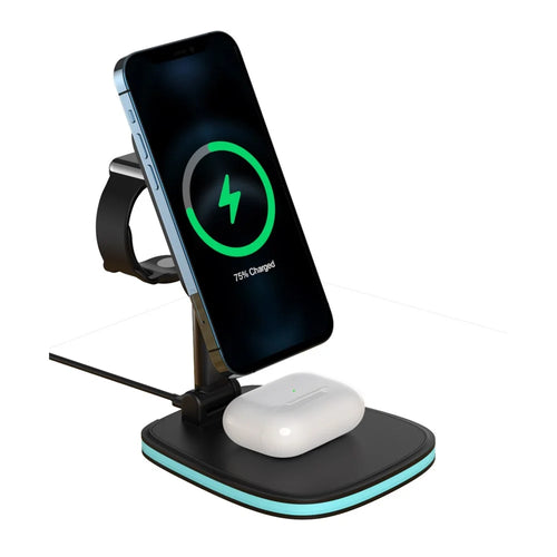 LFX-171 3 in 1 Foldable Wireless Charger Stand Fast Charging Dock Station for iPhone 12 Series/AirPods/Apple Watch - Black - 1