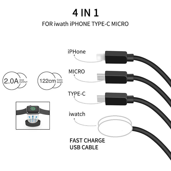 122cm USB to Type-C / 8-pin / Micro / Square Watch Wireless Charger Splitter Cable for Apple Watch / Phone, with Decoding Chip - Black - 2