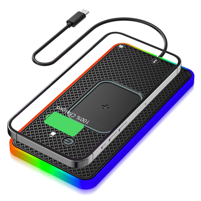 Anti-Slip Phone Charging Pad Button Control RGB Light Car Wireless Charger with 0.3m Type-C Cable (Round) - 1