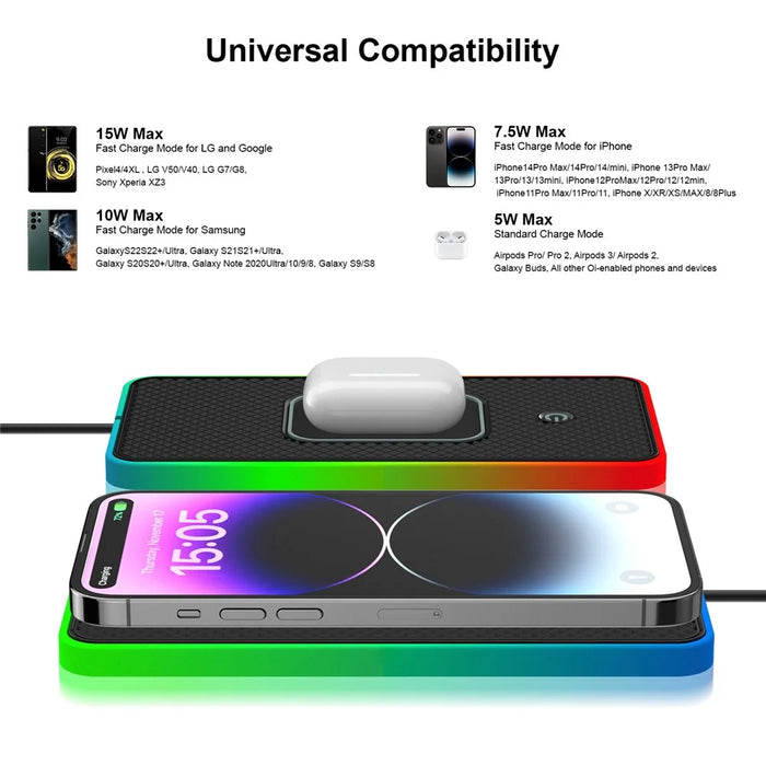 Car Anti-Slip Phone Charging Pad Button Control RGB Light Wireless Charger with 0.3m USB Cable (Square) - 4