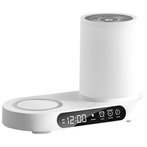 T32 Aroma Air Humidifier Night Light Bluetooth-compatible Speaker Digital Clock Phone Wireless Charger - White - 1
