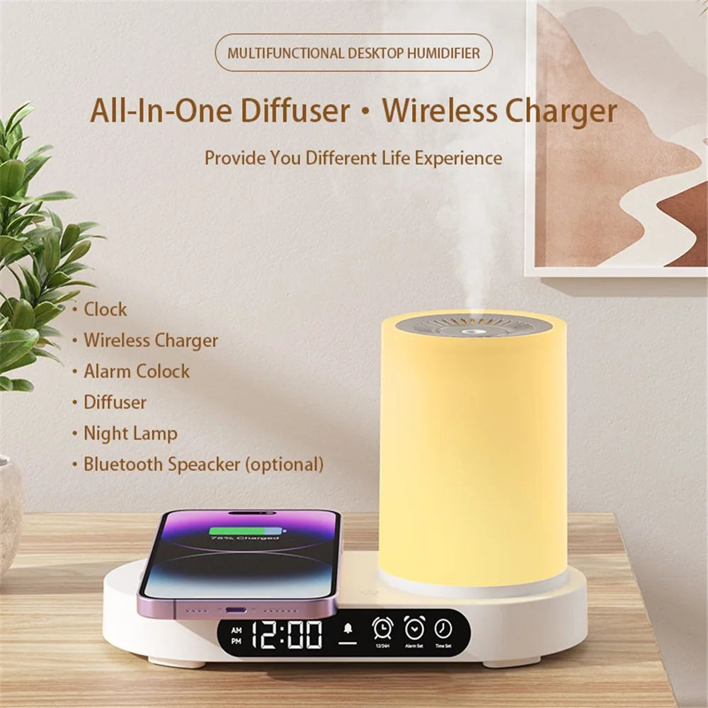 T32 Aroma Air Humidifier Night Light Bluetooth-compatible Speaker Digital Clock Phone Wireless Charger - White - 3