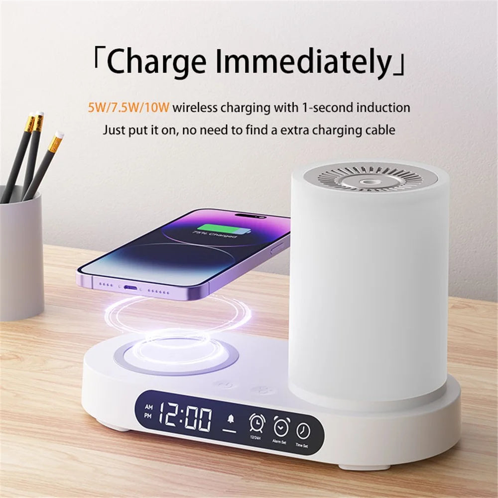 T32 Aroma Air Humidifier Night Light Bluetooth-compatible Speaker Digital Clock Phone Wireless Charger - White - 4