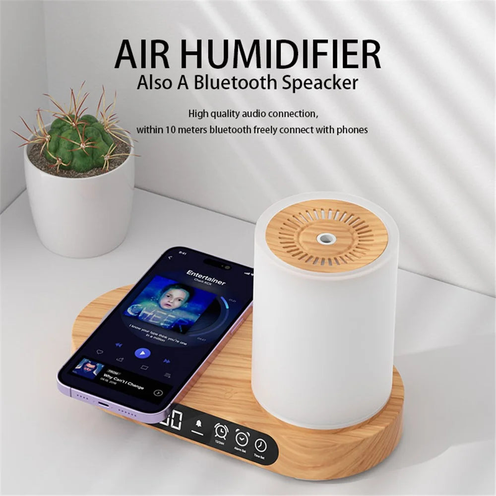 T32 Aroma Air Humidifier Night Light Bluetooth-compatible Speaker Digital Clock Phone Wireless Charger - White - 5
