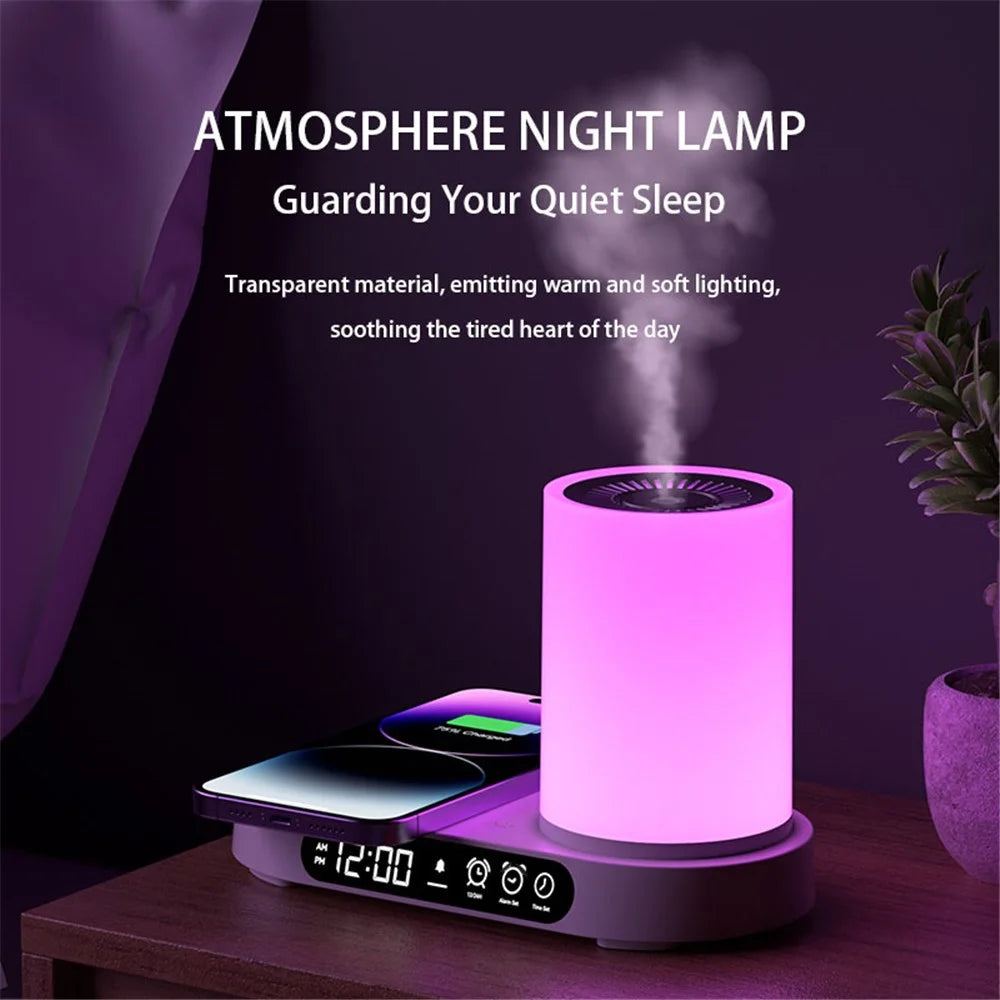 T32 Aroma Air Humidifier Night Light Bluetooth-compatible Speaker Digital Clock Phone Wireless Charger - White - 6