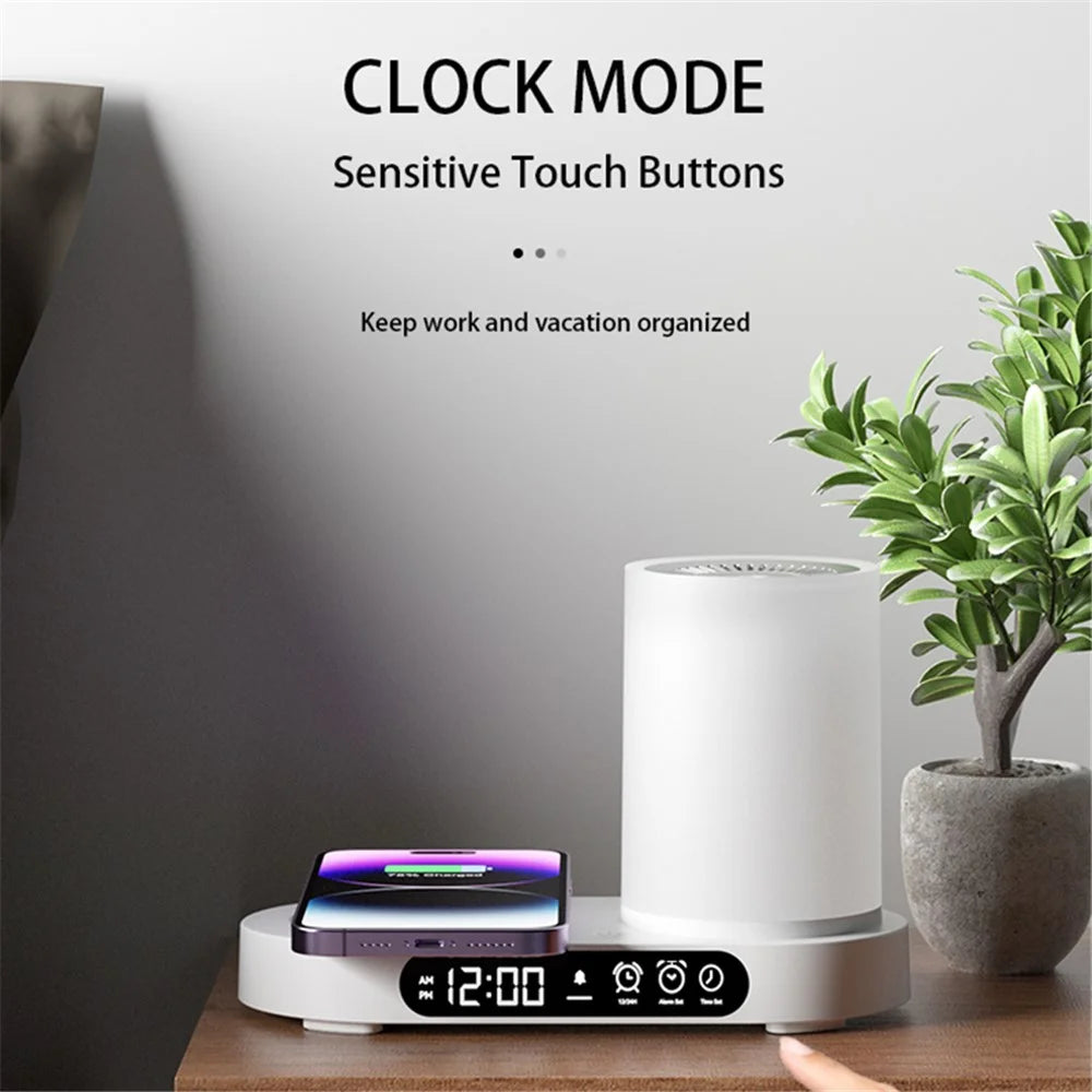 T32 Aroma Air Humidifier Night Light Bluetooth-compatible Speaker Digital Clock Phone Wireless Charger - White - 7