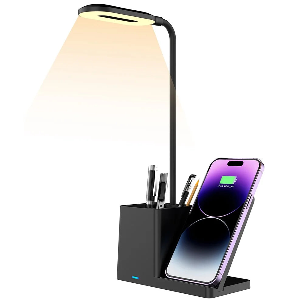 HT-330 3-in-1 15W Phone Holder Wireless Charger Pen Holder Gooseneck LED Table Lamp - Black - 1