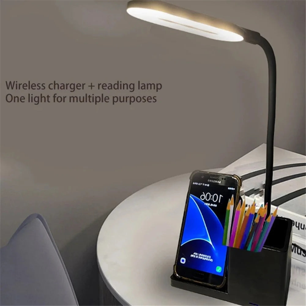 HT-330 3-in-1 15W Phone Holder Wireless Charger Pen Holder Gooseneck LED Table Lamp - Black - 3