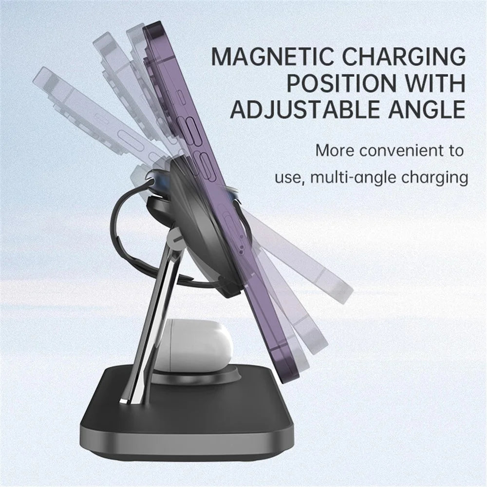 T255 3 in 1 Qi2 Magnetic Wireless Charging Station 15W Fast Charging Stand for Phone/Earbuds/Smart Watch - Black - 4