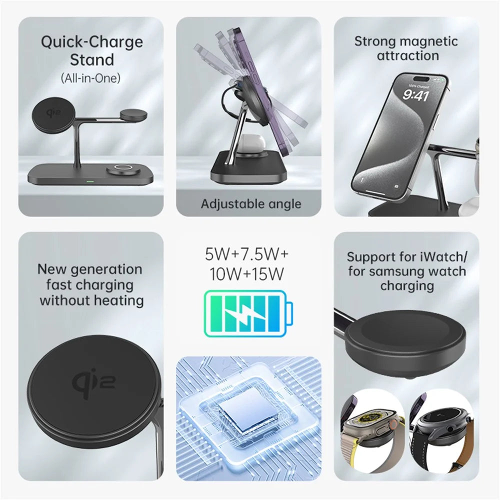 T255 3 in 1 Qi2 Magnetic Wireless Charging Station 15W Fast Charging Stand for Phone/Earbuds/Smart Watch - Black - 6