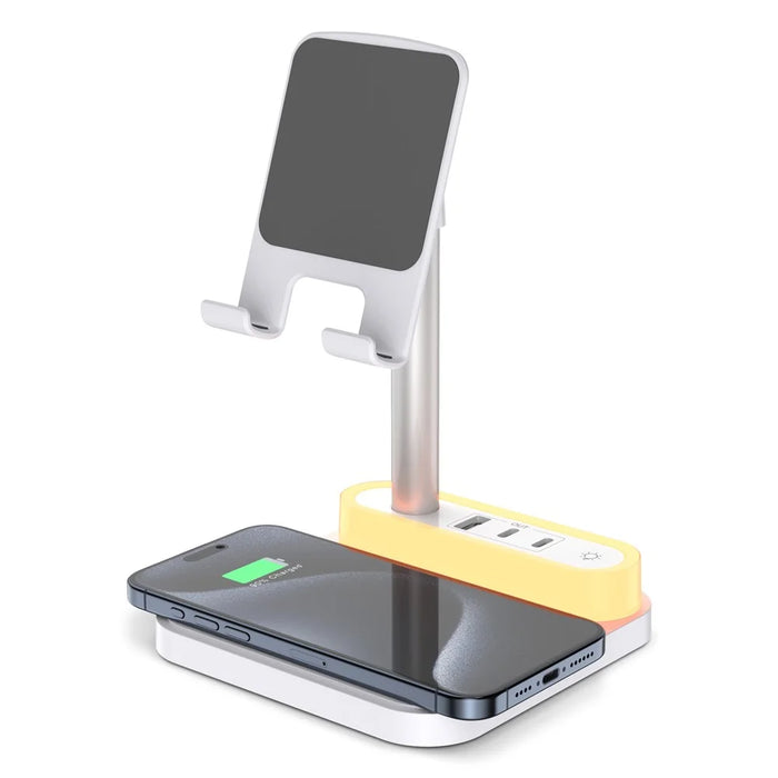 HT-531 15W Wireless Charger with Night Light Phone Bracket USB + Type-C Power Socket - White - 1