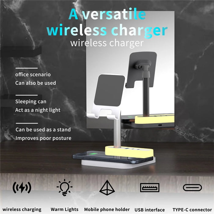 HT-531 15W Wireless Charger with Night Light Phone Bracket USB + Type-C Power Socket - White - 3