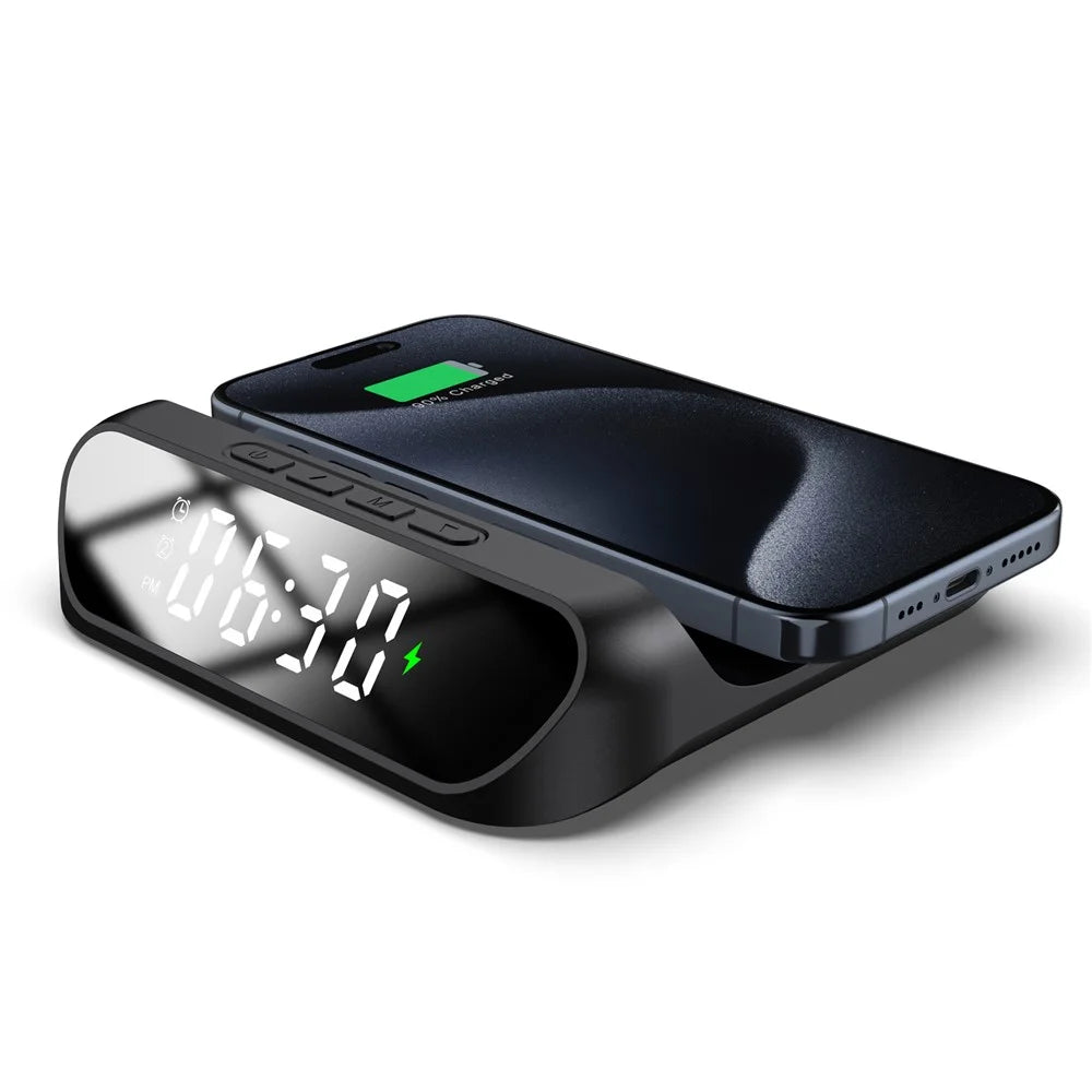 HT-331 2-in-1 15W Desktop Wireless Charger Dimmable Alarm Clock with Snooze Function - Black - 1