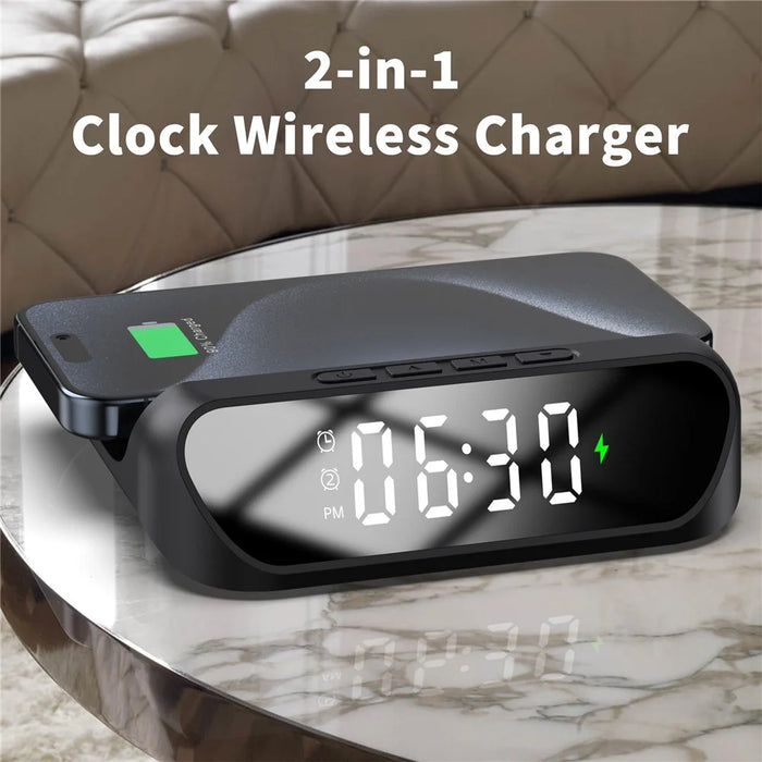 HT-331 2-in-1 15W Desktop Wireless Charger Dimmable Alarm Clock with Snooze Function - Black - 3