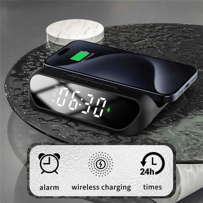 HT-331 2-in-1 15W Desktop Wireless Charger Dimmable Alarm Clock with Snooze Function - Black - 4