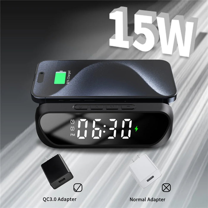HT-331 2-in-1 15W Desktop Wireless Charger Dimmable Alarm Clock with Snooze Function - Black - 5