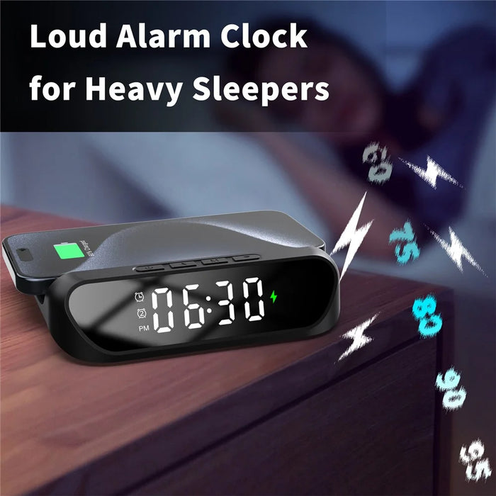 HT-331 2-in-1 15W Desktop Wireless Charger Dimmable Alarm Clock with Snooze Function - Black - 7