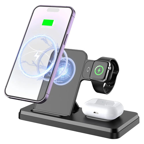 HT-514 3-in-1 Foldable Charging Dock 15W Wireless Charger for Phone / Watch / Earbuds - Black - 1