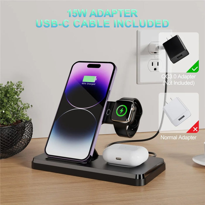 HT-514 3-in-1 Foldable Charging Dock 15W Wireless Charger for Phone / Watch / Earbuds - Black - 6
