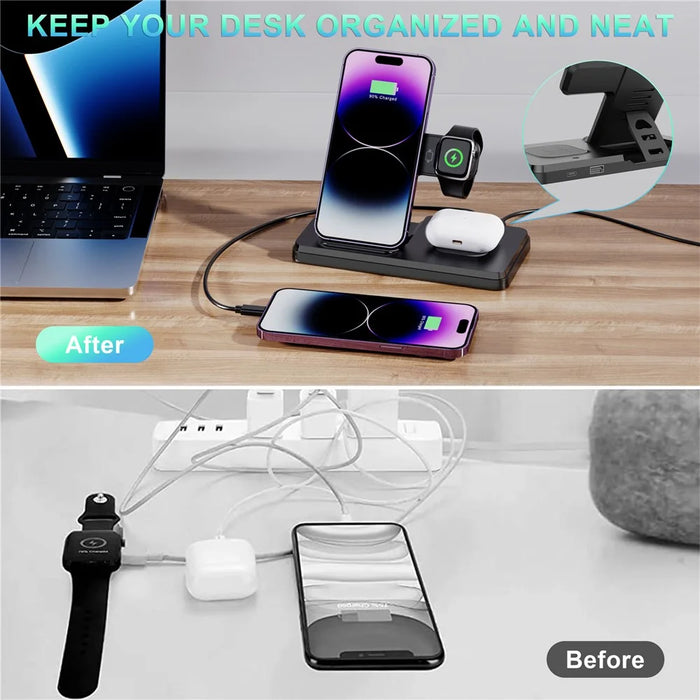 HT-514 3-in-1 Foldable Charging Dock 15W Wireless Charger for Phone / Watch / Earbuds - Black - 7