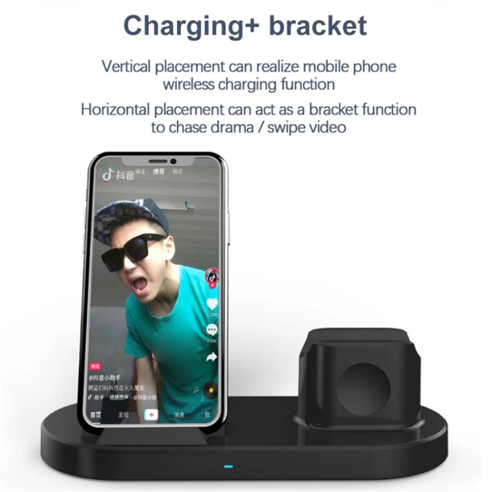 3-In-1 15W Wireless Charger Charging Pad Stand for Airpods, Cell Phone, Watch - Black - 2