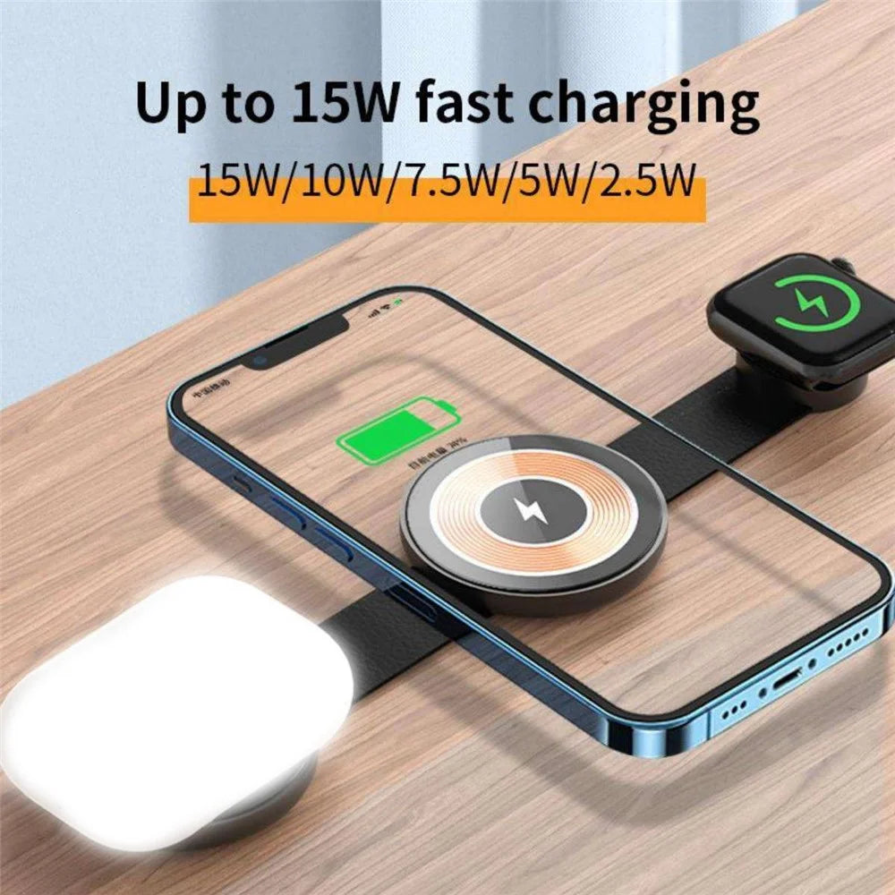 W-162 3-in-1 Foldable Charging Dock Magnetic Wireless Charger for iWatch / AirPods / Phone - White - 3