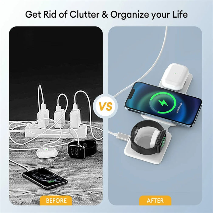 W-126 3 In 1 Wireless Magnetic Charging Station Phone Charging Pad Foldable Watch Earphone Charger - White - 5