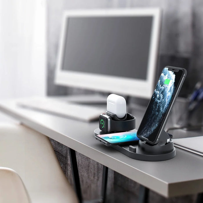 B07C 6-in-1 Desktop Phone Watch Earphone Charging Stand Wireless Charger - Black - 4